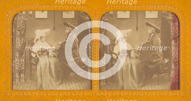 Young girl dressed as a nun with young boy wearing a cloak and three-corner hat, 1855-1860. Creator: Unknown.