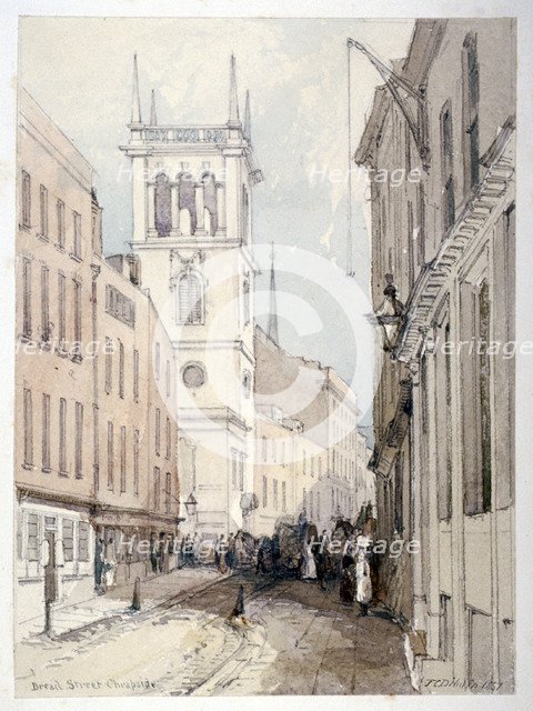 View of All Hallows Church, buildings and figures on Bread Street, City of London, 1851. Artist: Thomas Colman Dibdin
