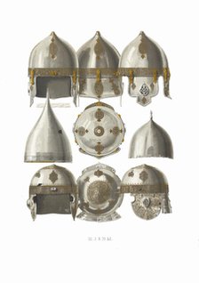 Helmets. From the Antiquities of the Russian State, 1849-1853. Creator: Solntsev, Fyodor Grigoryevich (1801-1892).