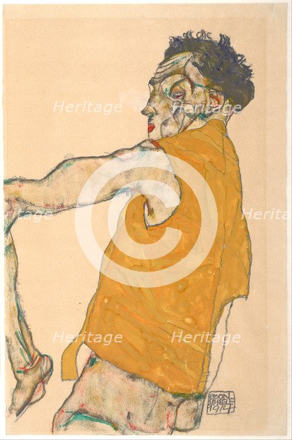 Self-Portrait in Yellow Vest, 1914. Artist: Schiele, Egon (1890–1918)
