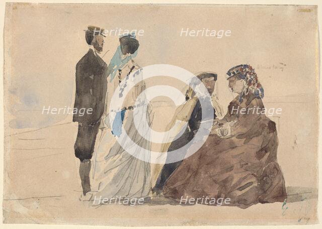 Two Ladies Seated and a Couple Walking on the Beach, c. 1866. Creator: Eugene Louis Boudin.