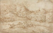 Landscape with Shepherds Driving Away a Wolf, c. 1540. Creator: Domenico Campagnola.