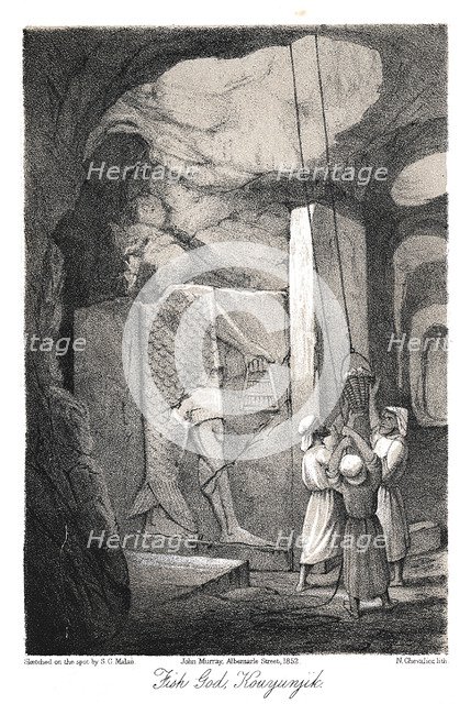 Excavating a low-relief carving of the Fish god Dagon, Nineveh, 1853. Artist: N Chevalier