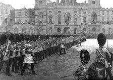 'Guards trooping the colours in St James's Park on Her Majesty's birthday', 1875. Artist: Unknown