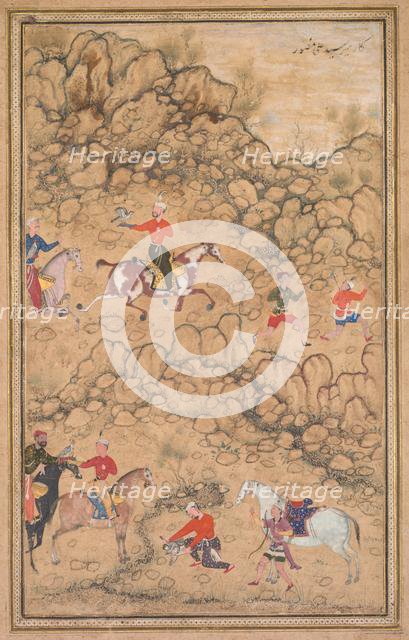 Hunting with Falcons in a Landscape, c. 1558-1560; borders added probably 1700s. Creator: Abd al-Samad (Persian, c. 1510-1600), attributed to.