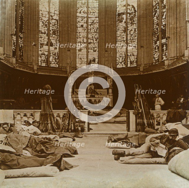 Makeshift barracks in a church, Marne, northern France, 1914.  Artist: Unknown.