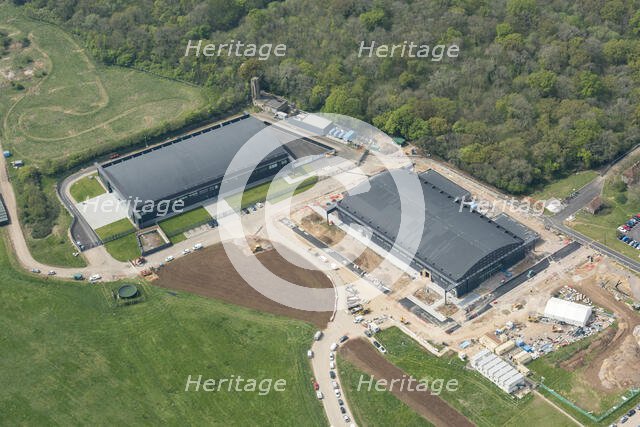Repurposed aircraft hangars, Hullavington Airfield, Wiltshire, 2019. Creator: Damian Grady.