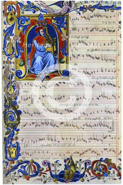 Francesco Landino playing a portative organ, 1325 - 1397. Artist: Unknown