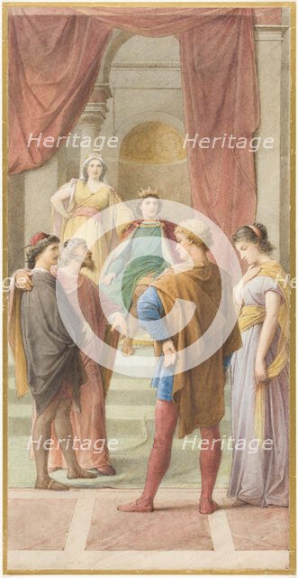 Egeus demands before the rulers Theseus and Hippolyta that his daughter Hermia should marry..., c188 Creator: Leopold Bode.