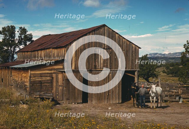 Bill Stagg, homesteader, in front of his barn, Pie Town, New Mexico, 1940. Creator: Russell Lee.