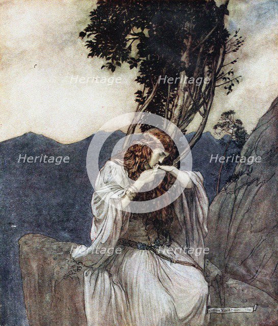 Brünnhilde kisses the ring that Siegfried has left with her. Illustration for Siegfried and The Twi Artist: Rackham, Arthur (1867-1939)