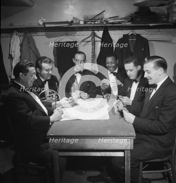 Portrait of Al Hall and with pit band, Broadway show, "Barefoot Boy With Cheek"(?), N.Y., 1946. Creator: William Paul Gottlieb.