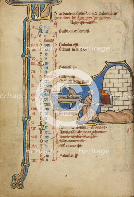 December Calendar Page; Baking Bread; Psalter, mid-1200s. Creator: Unknown.