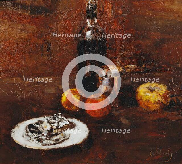 Still Life with Three Apples and Cheese in Staniol, 1886. Creator: Carl Schuch.