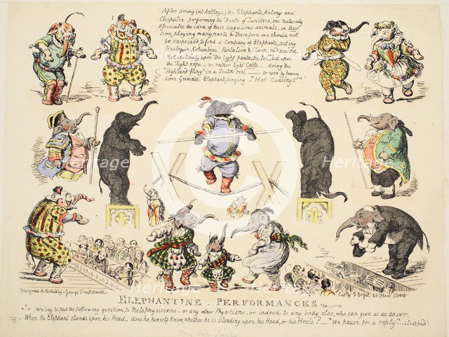 Elephantine Performances, pub. C. 1854 (hand coloured etching)