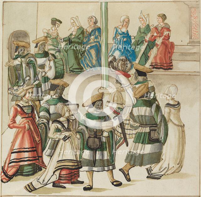Three Dancing Couples Led by Two Knights in Room with Column, c. 1515. Creator: Unknown.