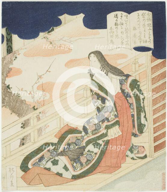Court lady admiring plum blossoms, late 1820s. Creator: Yanagawa Shigenobu.