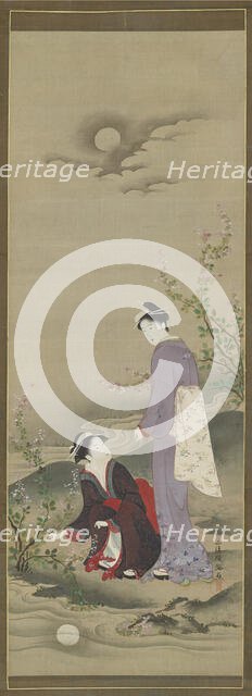 Autumn: Two women gazing at the reflection of the moon, early 19th century. Creator: Kubo Shunman.