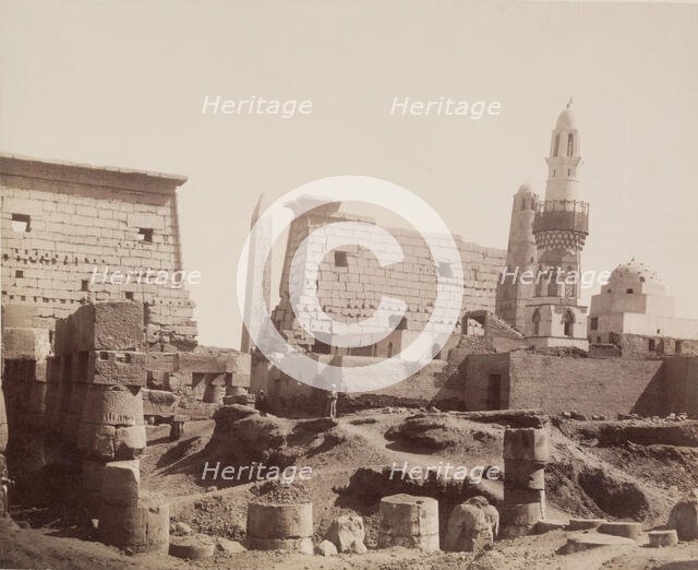 Inside First Court with Mosque of Abu Haggag, Temple of Luxor, Looking North., 19th century. Creator: Anon.
