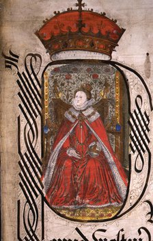 Initial detail and portrait of Queen Elizabeth I of England, Coram Rege Rolls, 1572.  Creator: Unknown.