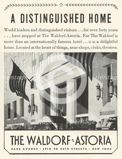 Advertisement for the Waldorf-Astoria Hotel in New York, 1934.  Creator: Unknown.