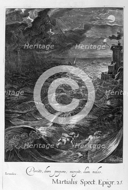 Leander Swims Over the Hellespont to Meet his Mistress Hero, 1655. Creator: Unknown.