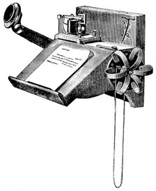 Wall-mounted Edison carbon telephone with 'pony-crown' receiver, New York, 1879. Artist: Unknown