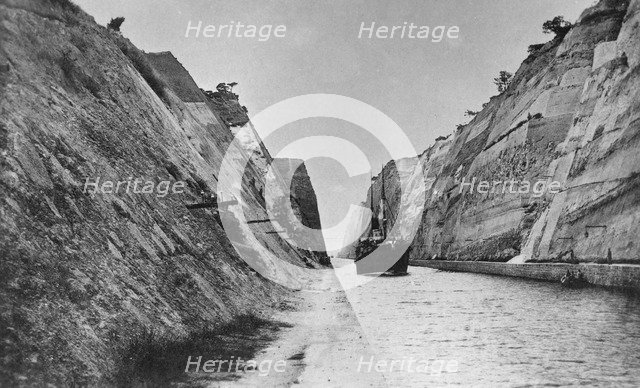 Ship passing through the Corinth Canal, Greece, late 19th or 20th century. Artist: Unknown