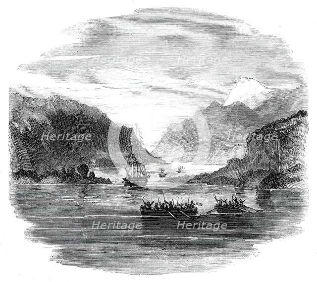 H.M.S. "Termagant" convoying the gun-boats "Grappler" and "Forward" through the Straits..., 1860. Creator: Unknown.