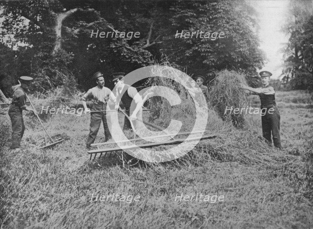 'Soldiers assisting the farmers by getting in the hay', 1915. Artist: Unknown.