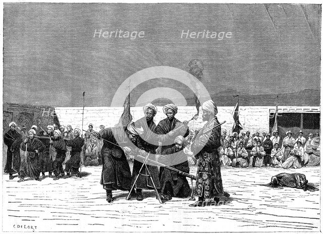 Chinese military exercise, Kashgar, China, 19th century. Artist: Delort