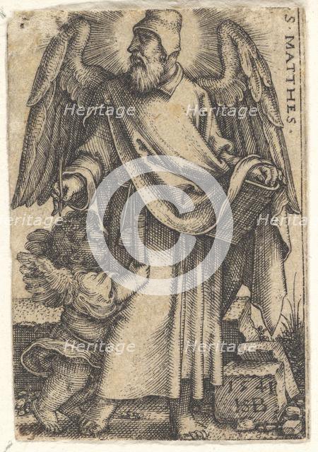 Plate 1: Saint Matthew with his head turned in profile to the left, a cherub at bottom lef..., 1541. Creator: Sebald Beham.