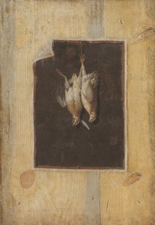 Trompe l'Oeil. Board Partition with a Still Life of Two Dead Birds Hanging on a Wall, 1670-1674. Creator: Cornelis Norbertus Gysbrechts.