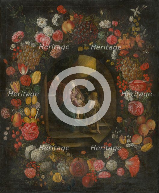 The Holy Family in a Flower and Fruit Garland, 1650-1700. Creator: Unknown.