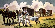 Morocco's War (1909-1913), the Red Cross transporting the injured men to hospitals, drawing of th…