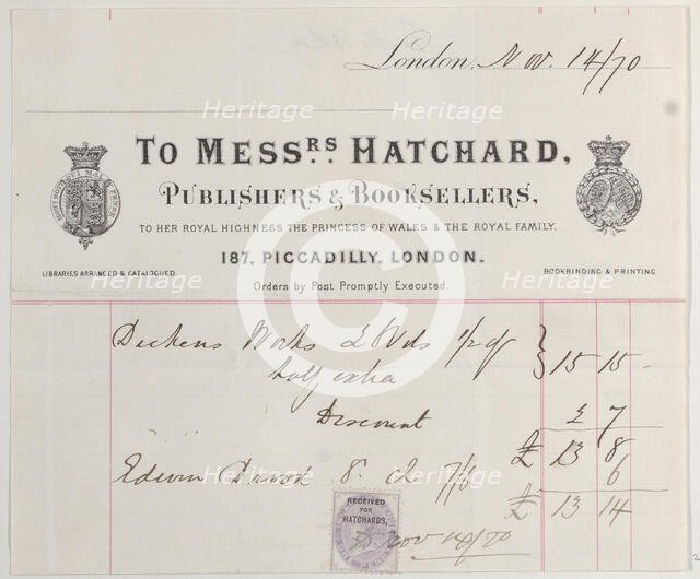 Trade card for Messrs. Hatchard, publishers and booksellers, 19th century. Creator: Anon.