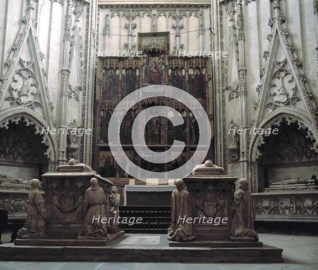 Inside of the Chapel of Santiago or Luna, at the Cathedral of Toledo, detail of the tombs of Don …