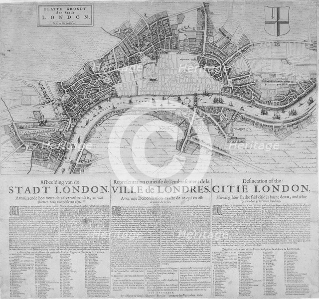 Map of London showing the destruction caused by the Great Fire, 1666. Artist: Anon