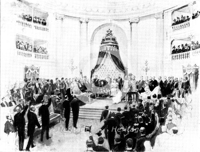 The Spanish-American War: the Queen-Regent of Spain reading the speech...to the Cortes, 1898. Creator: Unknown.