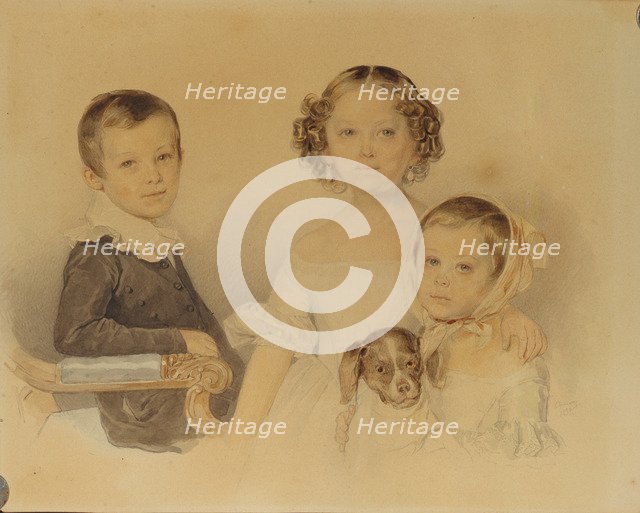Portrait of the Lanskoy Children, 1839. Artist: Sokolov, Pyotr Fyodorovich (1791-1848)