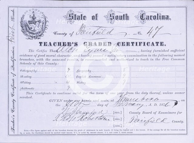 South Carolina Teacher's County Certificate of Qualification, First Grade, 1876.  Creator: Unknown.