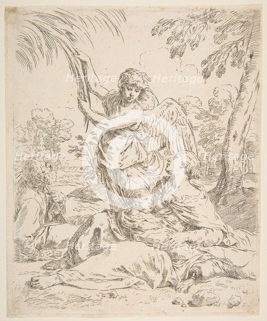 Repose in Egypt, Mary nursing the infant Christ while an angel pulls at tree branches, ca. 1639. Creator: Simone Cantarini.