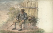 Sitting man with pipe on the side of the road, 1700-1800. Creator: Anon.