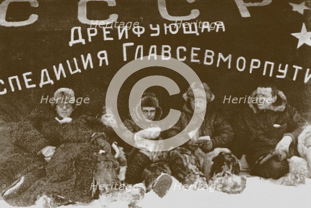 Ivan Papanin, Ernst Krenkel, Evgeny Fedorov and Petr Shirshov at the expedition North Pole-1, 1938.