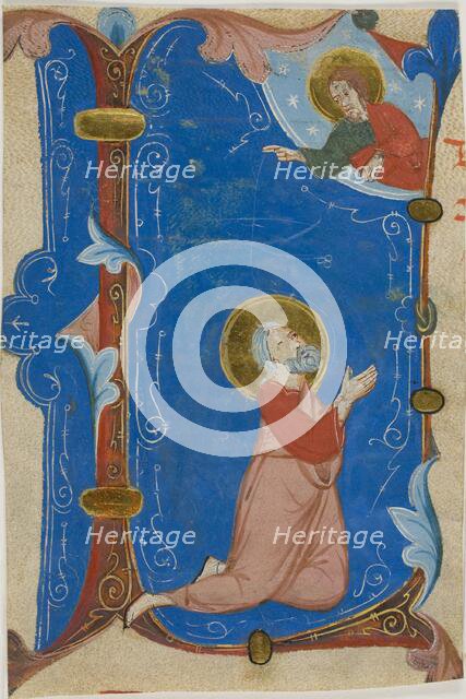 Praying Saint (Moses?) with Christ in a Historiated Initial "L", from a Choirbook, c. 1300. Creator: Unknown.