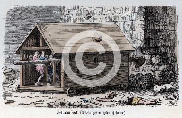 Ancient History. Rome. War machines, battering ram. German engraving, 1865.