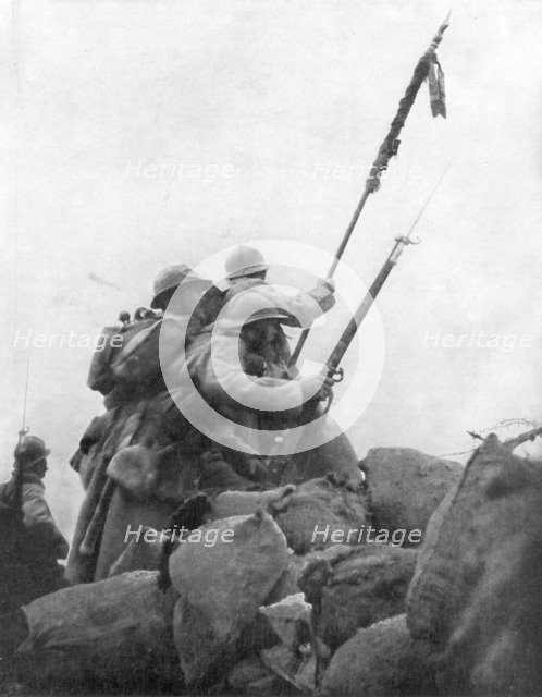 French troops with their regimental flag, the 2nd Battle of Champagne, France, 25 September 1915. Artist: Unknown