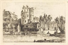 Town on a River Bank with Two Round Towers, c. 1770. Creator: Nicolas Perignon.