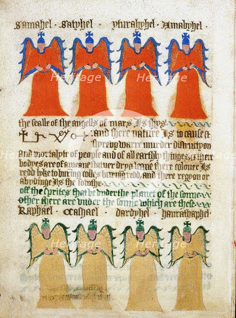 The red angels of Mars and the golden angels of the sun. ?From "The Sworn Book of..., 15th century. Creator: Unknown artist.