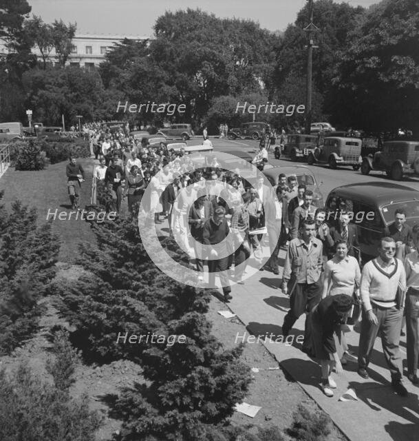 Students assembling for Peace Day address of General Smedley Butler, Berkeley, CA, 1939. Creator: Dorothea Lange.